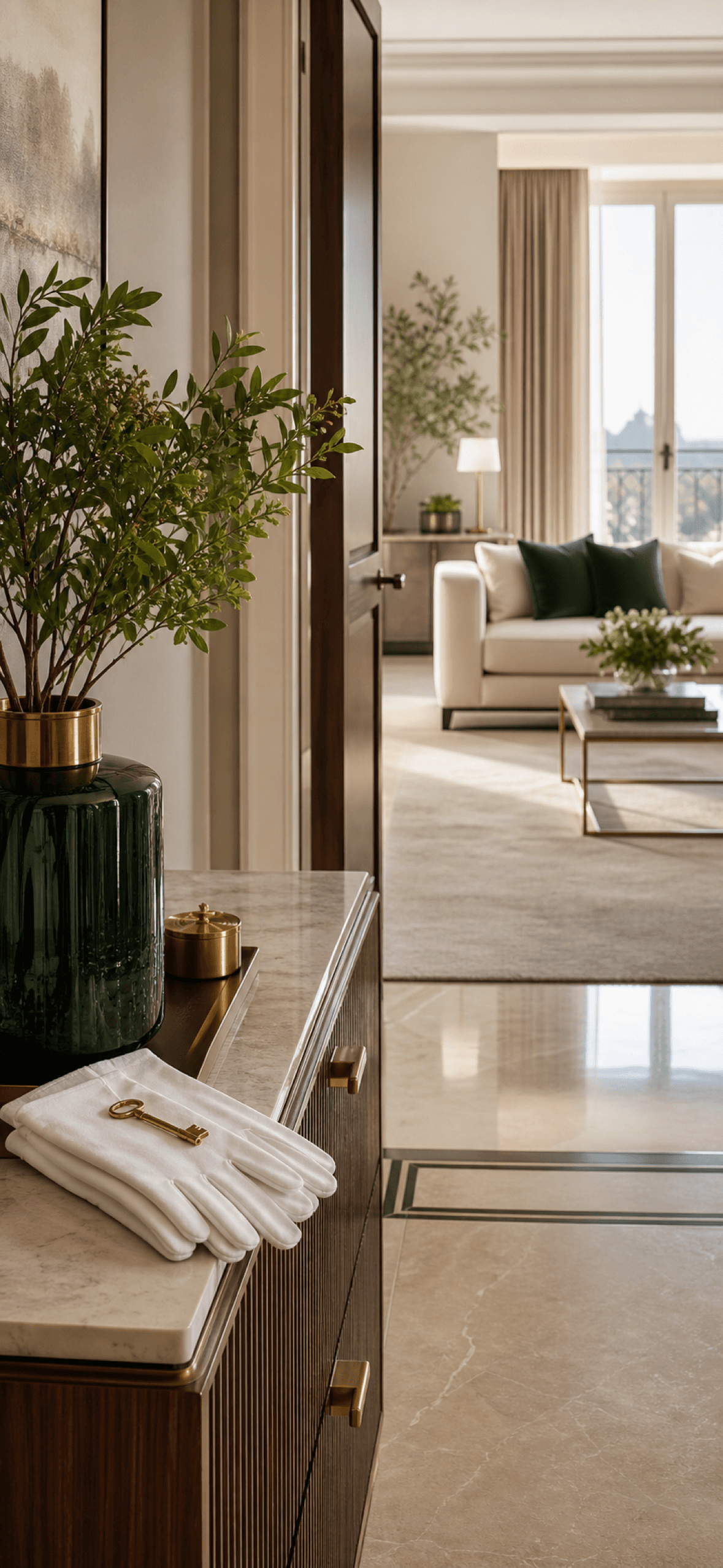 A calm entryway opening into a sunlit living room